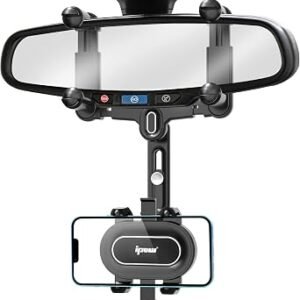 IPOW Large Rearview Mirror Phone Holder for Car 360?Rotatable and Retractable, 2023 Upgraded Four Corners Fixed Anti-Shake Multifunctional Design for Car Rearview Mirror with Button