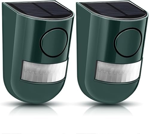 Qualirey 2 Pack Solar Motion Sensor Alarm 129db Outdoor Strobe Light,Green | Waterproof Security Siren with Sound, Motion Detector for Driveway and Farm,...