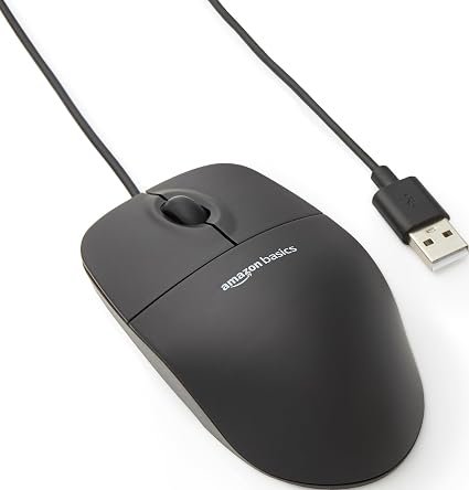 Amazon Basics Responsive and Precise 3-Button Wired USB Computer Mouse with Scrolling and Tracking, Single, Black