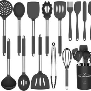 Kitchen Utensil Set, Umiten 15pcs Silicone Cooking Kitchen Utensils Set, Cooking Tools Turner Tongs Spatula Spoon for Nonstick Heat Resistant Cookware - (Black)