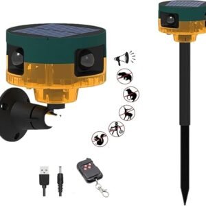 360° Solar Outdoor Motion Sensor Alarm, 130dB Dog Barking & Gunshot Sound | 13 Sounds,IP65 ,with Remote ,4Working Modes, Solar USB Dual Power, Wireless...