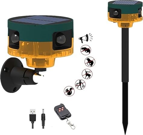 360° Solar Outdoor Motion Sensor Alarm, 130dB Dog Barking & Gunshot Sound | 13 Sounds,IP65 ,with Remote ,4Working Modes, Solar USB Dual Power, Wireless...