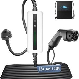 Morec EV Charger Type 2 to 3 Pin Plug, 3KW | 8A-13A | 10M Home Electric Car Charger Cable Type 2 for EVs & PHEVs, IP66 Waterproof with Carry Case