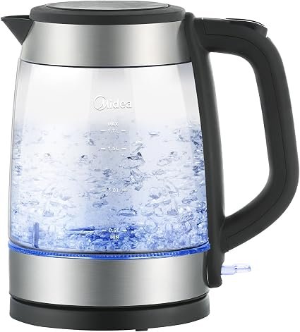 Midea Glass Electric Kettle 1.7 Liters, 3000W Fast Boil, BPA Free | Blue LED indicator, auto shut-off, boil-dry protection, cordless 360° base, removable...
