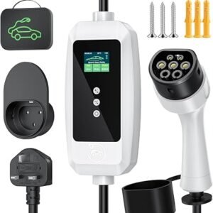 Type 2 EV Charger Cable to 3 Pin Plug, 2.99kW 6M Portable EV Charger, 6-13A Adjustable Current, LED Display, Timing Delay, IP66/IP65, Carry Bag & Cable Holder for EVs and PHEVs