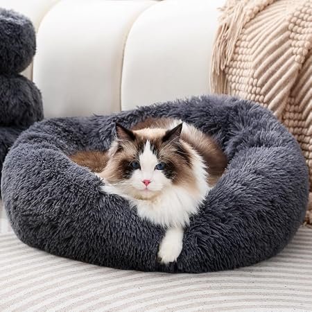 Cat Bed Small Dog Bed for Indoor Cats, Self-Warming Ultra-Soft Plush Calming Kitten Bed, Rabbit Pillow Pet Beds Non-Slip Machine Washable Dark Gray (M For 5KG)