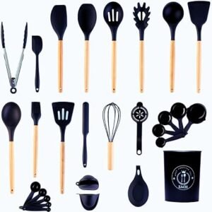 ZACH Silicone Kitchen Utensils Set with Holder, 26 Pieces Non-Stick Heat Resistant Cooking Utensil Set with Wooden Handle - Cookware Spoons Turners Tongs Ladle Spatula Set, Kitchen Accessories (Black)