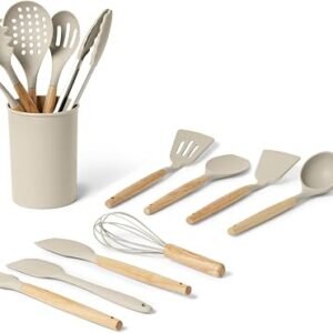 Amazon Basics Silicone Cooking Utensils Set with Wooden Handle, 14-Piece Set, BPA-Free, Utensil Holder Included, Linen Gray
