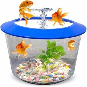 Pet Guru Premium Crystal Clear Fish Bowl Aquarium with Lid, Decorative Gravel and Plant Included, Durable Plastic, Perfect for Goldfish (Blue)
