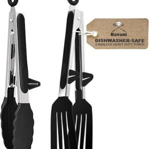 Navani silicone kitchen tongs, 9 inch, set of 2, for cooking & air fryer, black 2-pack
