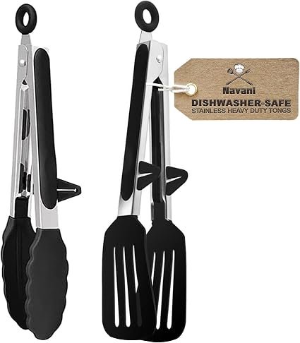 Navani silicone kitchen tongs, 9 inch, set of 2, for cooking & air fryer, black 2-pack