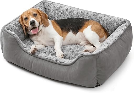 Oiilores Dog Sofa Bed Washable for Small Medium Dogs, Soft Plush Calming Beds with Non-Slip Bottom - Anti-Anxiety Rectangle Puppy Mat (60 x 45 cm, Grey)