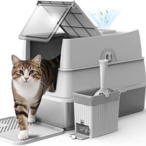 FURTIME XXL Stainless Steel Cat Litter Tray with Lid, 58x38x38cm(Grey)