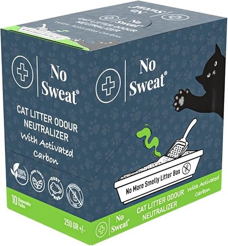 No Sweat Activated Carbon Cat Litter Odour Neutralizer-Made Of Coconut Shell-All Natural-No Chemical,Toxic Ingredients-Unscented-Planet Friendly-Disposable 10 Packs in One Box 250 GR- Packing May Vary