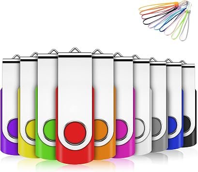 EASTBULL Memory Stick 512MB USB 10Pack, USB 2.0 Thumb Flash Drives Swivel Design Pen Memory Stick Fold Storage (10 Mixed Color With Lanyard)