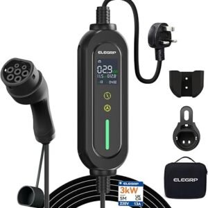 ELEGRP EV Charger Type 2 to 3 Pin Plug 5M/16.4Ft, 3kW Electric Car Charger [6/8/10/13A], Granny Type 2 Charging Cable IP66 Suitable for EVs & PHEVs