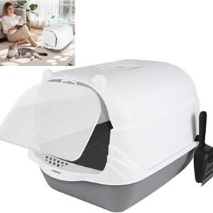 Cat Litter Box, Large Cat Litter Tray with Detachable Top for Fully Enclosed and Semi Enclosed, Pet Litter Tray Box with Scoop, Splash Guards, Anti-Spillage, High Sided, Easy Cleaning (51Lx37Wx36Hcm)