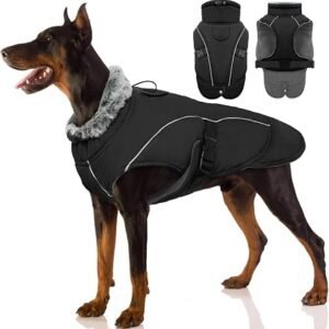 XL Dog Coat Waterproof, Extra Large Dog Coat Fleece Lined Winter Jacket Stylish Hoodie with Harness Hole Keep Pet Warm and Dry On Walks(Black, XL)