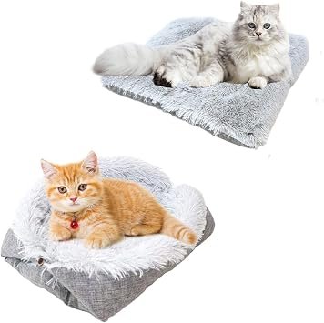 Self-Warming Cat and Dog Mat - Fluffy Plush Bed Nest with Foldable Heating Cushion, Gray (61x51cm)
