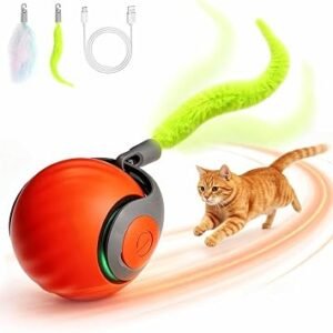 Interactive Cat Toy Ball for Indoor Cats,Speedy Tail 2.0 Cat Toy Ball with Feather Tail,2 Speeds Rechargeable Automatic Moving Cat Rolling Ball for Bored Cats(Orange)