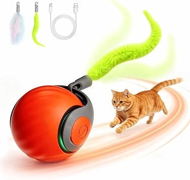 Interactive Cat Toy Ball for Indoor Cats,Speedy Tail 2.0 Cat Toy Ball with Feather Tail,2 Speeds Rechargeable Automatic Moving Cat Rolling Ball for Bored Cats(Orange)