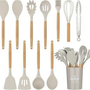 Kitchen Utensil Set, 12 PCS Silicone Cooking Utensils Set with Wooden Handle, Heat Resistant, Nonstick Cookware Tongs Spatula Spoon Set, Dishwasher Safe, Best Kitchen Tools (Khaki)
