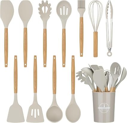 Kitchen Utensil Set, 12 PCS Silicone Cooking Utensils Set with Wooden Handle, Heat Resistant, Nonstick Cookware Tongs Spatula Spoon Set, Dishwasher Safe, Best Kitchen Tools (Khaki)