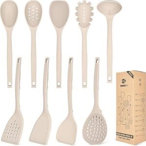 Silicone Cooking Utensils Set, 9 Pcs Heat Resistant Kitchen Utensils with Back Hooks, BPA Free Kitchen Tools with Spatulas, Spoons, Skimmer and Pasta Fork for Non Stick Cookware(Khaki)