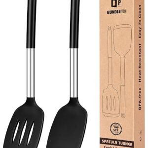 Pack of 2 Silicone Solid Turner,Non Stick Slotted Kitchen Spatulas,High Heat Resistant BPA Free Cooking Utensils,Ideal Cookware for Fish,Eggs,Pancakes (Black)