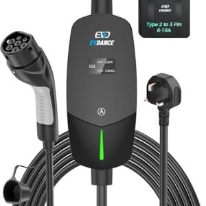 EVDANCE EV Charging Cable for Electric and Hybrid Vehicles | 6 Metres, 10A Max, IP66, 3 Pin UK Plug to Type 2 Car Charger, Suitable for Home & Travel, Black