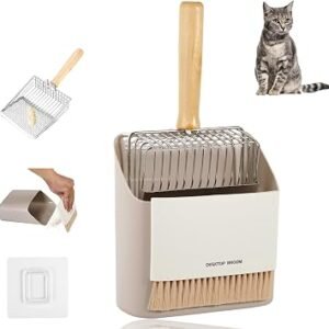3 Piece Cat Litter Scoop with Holder, Metal Cat Litter Scoop with Dustpan and Broom Durable Mesh Scooper Easy to Clean Portable Design for Cats Dogs
