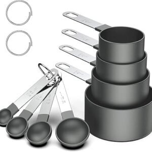 8 Pcs Measuring Cups and Spoons Set, Stackable Stainless Steel Handle Accurate Tablespoon for Measuring Dry and Liquid Ingredients Small Teaspoon with Plastic Head (Black)