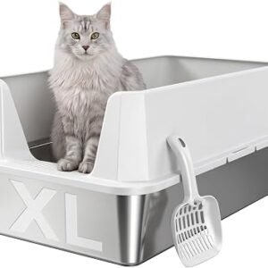 Stainless Steel Cat Litter Tray,XL,Easy to Clean,Odor-Resistant,Scoop,Gray