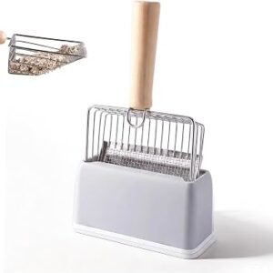 2 PCS Cat Litter Scoop, Cat Scooper Litter with Holder Stainless Steel Cats Poop Scoop Anti Stick Mesh Cats Shovel Large with Wooden Handle for Pets