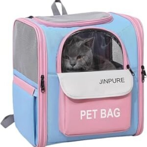 Breathable Cat Dog Backpack Carrier for Small Medium Dogs Up to 7KG with Steel Wire Frame, Multi-Entrance & Interactive Mesh Window, Portable Foldable Pet Puppy Rucksack for Hiking Travel