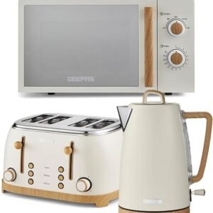 GEEPAS NordiQ 1.7L Electric Kettle, 4 Slice Toaster & 20L Microwave Oven 700W Kitchen Combo Set | Matte Finish with Wood Accents | 1500W Bread Toaster & 3000W Rapid Boil Cordless Jug Kettle | Cream