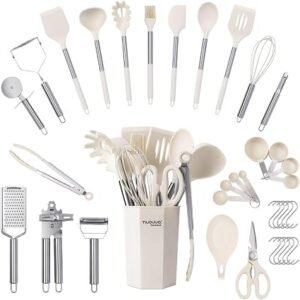 Stainless Steel Kitchen Utensils Set ? Non Stick Heat Resistant Silicone Cooking Utensils ? Ladles, Spoons & Spatulas Set ? Kitchen Tools & Accessories ? 36pcs, Cream ? by Nuovva