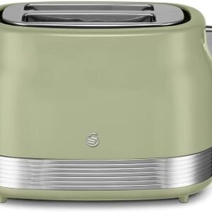 Swan ST19028GRN Retro 2 Slice Toaster with 6 Browning Levels for Toast, Bagels, Breakfast Muffins, Defrost/Reheat/Cancel, Hidden Cord Storage, Non-Slip Feet, 930W, Green and Stainless Steel