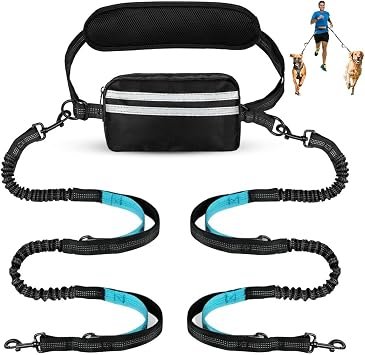 Hands free dog leash with pouch, double for two dogs, retractable leash with double padded handles, Waist-Mounted for Running,Walking, Jogging Friendly Dog Accessories (Black/Mint Green)