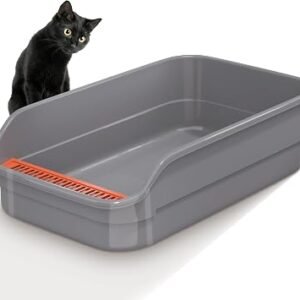 Vealind Large Cat Litter Tray High Sided and Low Entry Cat Litter Box 60 x 40 x 16 CM Easy Access Leak Proof Anti Splash Kitten Litter Trays (Grey)