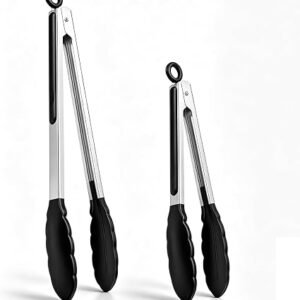 NileHome Tongs for Cooking, Professional Stainless Steel Metal Tongs ? Heat-Resistant for Grilling, BBQ, Serving Salad, Pasta, and Kitchen Use, Dishwasher Safe, Set of 9 12", Black