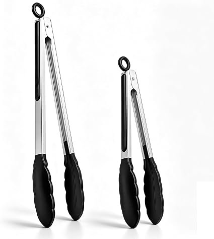 NileHome Tongs for Cooking, Professional Stainless Steel Metal Tongs ? Heat-Resistant for Grilling, BBQ, Serving Salad, Pasta, and Kitchen Use, Dishwasher Safe, Set of 9 12", Black