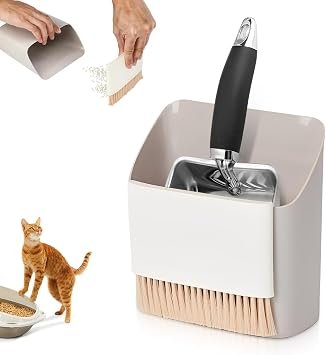 Cat Litter Scooper with Holder,Stainless Steel Litter Scoop+Multi-Functional Dustpan+Broom,Sturdy Mesh Scooper,Cat Caddy for Litter Scoop,Fast Sifting Kitty Poop Scooper Caddy Poop Scooper Stand