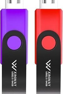 USB Flash Drive 64GB Memory Stick Thumb Drive Swivel Design Jump Drive, (2 Pack 64GB - Red Purple)