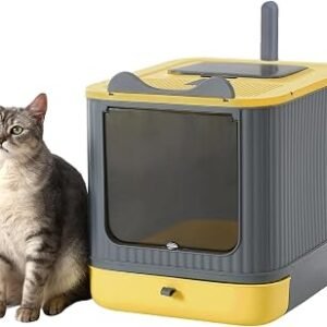 LCZLBRRD Upgraded Fully Enclosed Cat Litter Box with Lid, Covered Cat Box Enclosure, Anti-Splashing Easy to Clean Kitty Litter Boxes with Drawer, 3 Modes for Cat up to 12 lbs(Yellow&Grey)