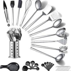 Stainless Steel Kitchen Utensils Set 40 Pieces, Cooking Utensil Set with Utensils Holder, Kitchen Gadgets Kitchen Essentials New Home, House, Appartment Must Have, Metal Spatula Set