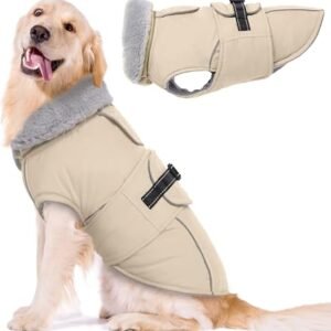 Lelepet Warm Dog Coat, Waterproof Dog Jacket Winter Coats, Beige 3XL | Fleece Lined Snow Jacket for Cold Weather,Windproof Winter Vest with Reflective...