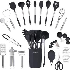 Stainless Steel Kitchen Utensils Set ? Non Stick Heat Resistant Silicone Cooking Utensils ? Ladles, Spoons & Spatulas Set ? Kitchen Tools & Accessories ? 36pcs, Black ? by Nuovva
