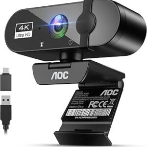 AOC Webcam for PC with Microphone, 4K Webcam Privacy Cover, Plug & Play