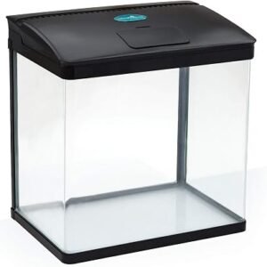 AllPondSolutions Nano Fish Tank with Filter and Light - Rectangular Aquarium Tank with LED Light, Tray Filter System, Curved Glass Front, 90? Tilting Hood - Cold Water Tropical Fish Tank - 29L, Black